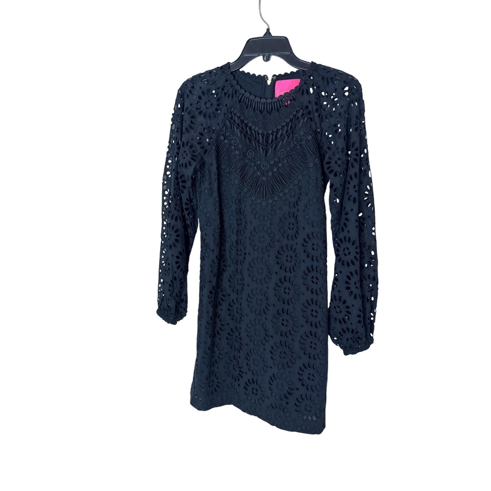 Lilly Pulitzer Dress Womens 0 Black Lace Eyelet Floral Shift Long Sleeve